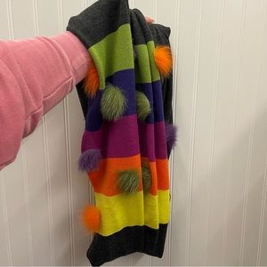 Grey Infinity Scarf Rainbow Stripes Dyed Blue Fox Fur